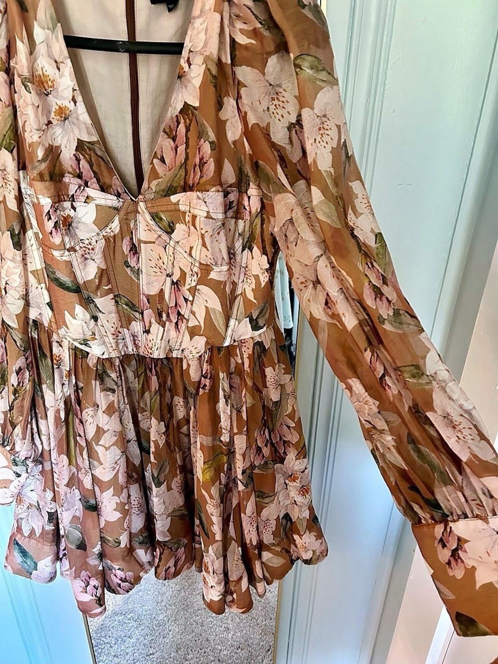 Bardot Brown Floral V-Neck Long Sleeve Peplum Dress with Pink Blooms
